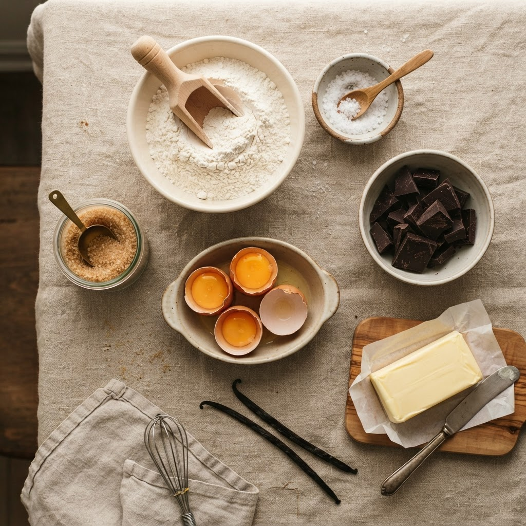 Overhead flat lay of clean organic baking ingredients on a linen surface